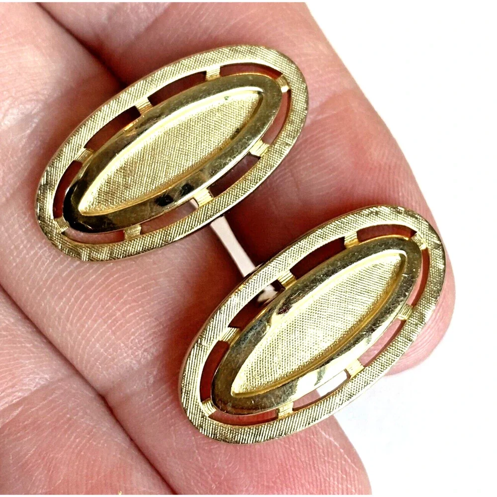 Vintage Swank Cufflinks Etched Brushed Goldtone Mid Century Modern 70's Ovals